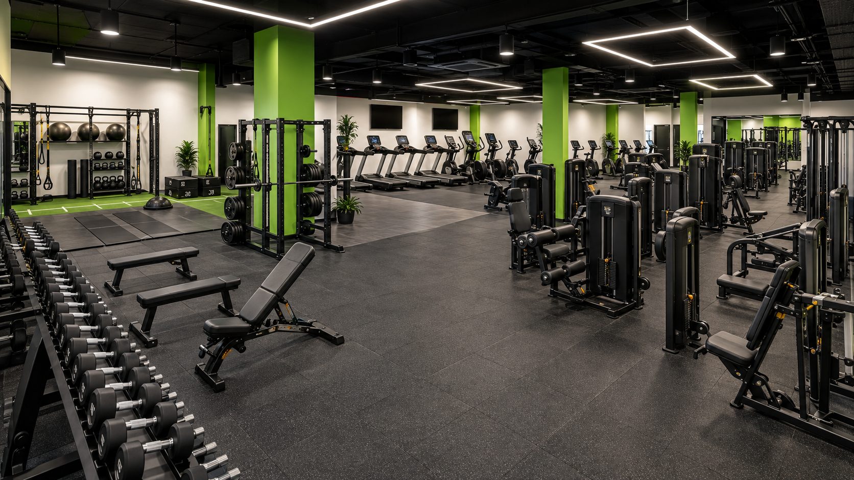 Sala principal del gimnasio fit+ con zona de cardio, peso libre y máquinas guiadas
