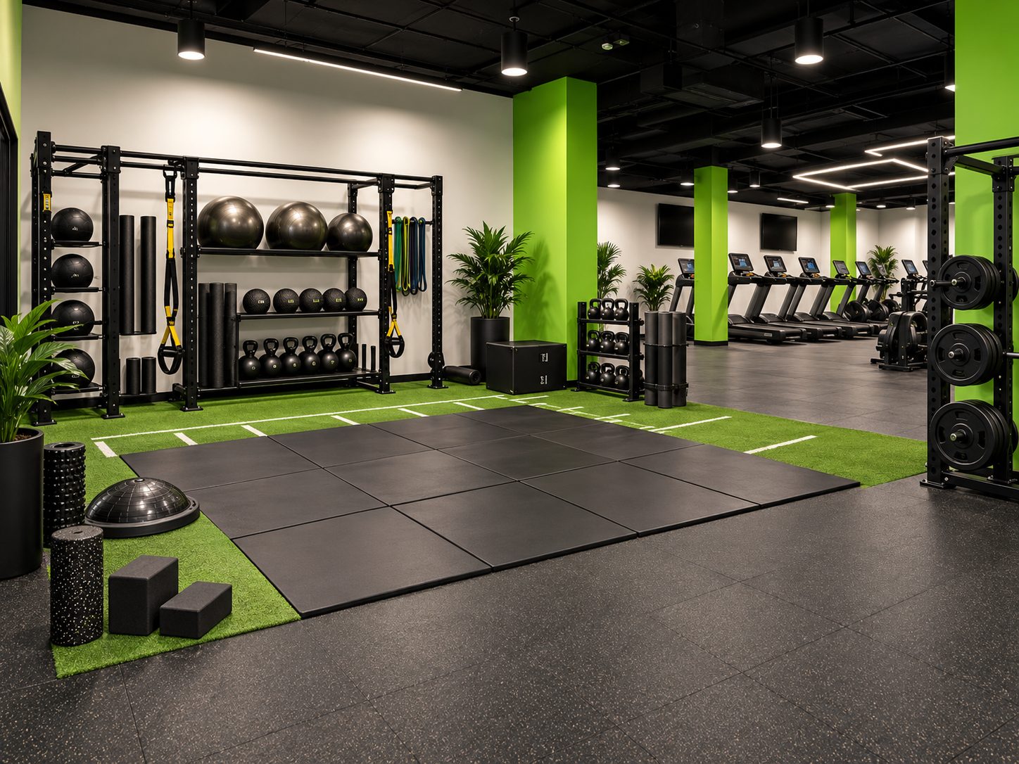Zona de entrenamiento funcional y estiramientos con césped técnico